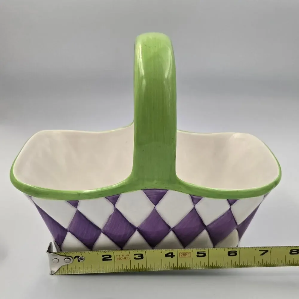 Teleflora Purple White Diamond Checkered Ceramic Basket Planter Green Handle